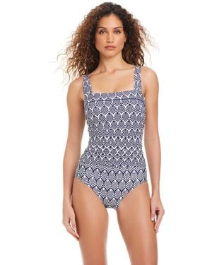 Beyond Control Printed Square Neck One Piece Swimsuit - Blue