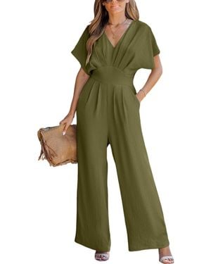 CUPSHE V-neck Short Sleeve Straight Leg Jumpsuit - Green