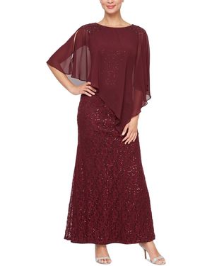 Sl Fashions Sequin Lace Chiffon Caplet Gown - Red