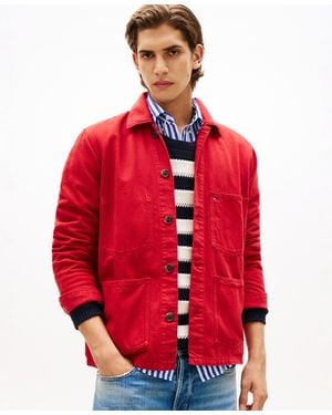 Tommy Hilfiger Washed Flag Embroidery Denim Chore Jacket - Red