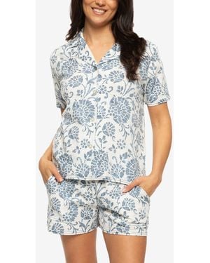 Felina Josephine Notched Collared Shirt And Shorts Pajama Set Style 900871 - Blue