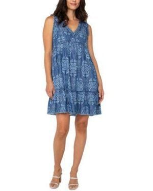 Liverpool Los Angeles V Neck Frayed Ruffle Swing Dress P Xs 3x - Blue