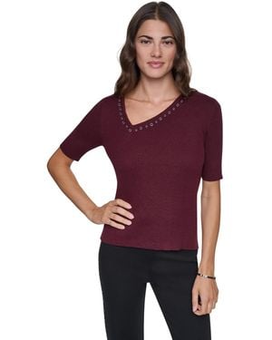 DKNY Asymmetrical V-neck Studded Ribbed-knit Pullover Sweater - Purple