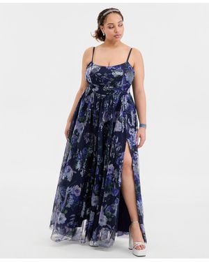 City Studios Trendy Plus Size Sequined Floral Ball Gown - Blue