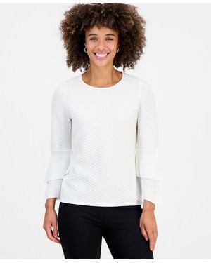 Kasper Textured Knit Flared-cuff 3/4-sleeve Top - White