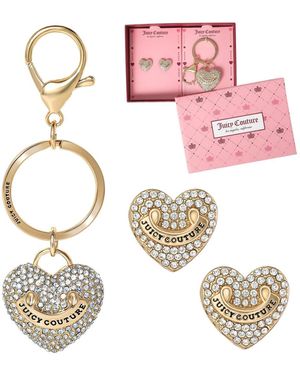 Juicy Couture Gold-tone Pave Heart Keychain & Earrings Set - Pink
