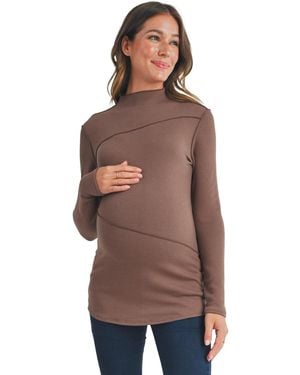 Hello Miss Maternity Mock Neck Long Sleeeve Ribbed Top - Brown