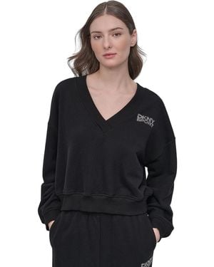 DKNY Sport Rhinestone-logo V-neck Pullover Top - Black