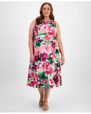 Kasper Plus Size Floral-print Sleeveless Fit & Flare Dress - Red