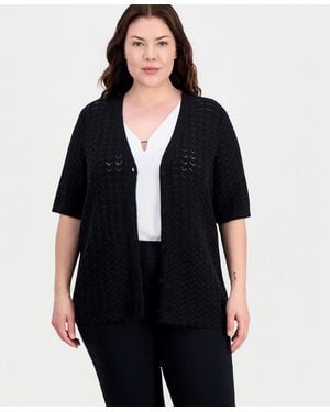 Kasper Plus Size Short-sleeve Scalloped-hem Cardigan - Black