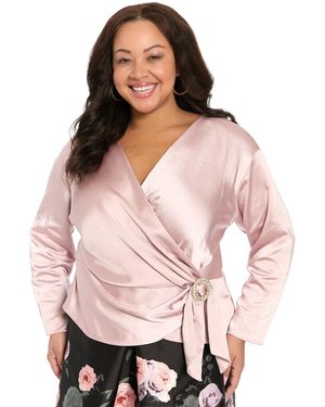 Muse Plus Size V-neck Wrap Polyester Blouse - Pink