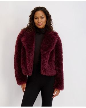 Kensie Short Notch Collar Faux Fur Jacket - Red