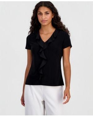 Anne Klein Essentials Ruffle Trim V Neck Top - Black