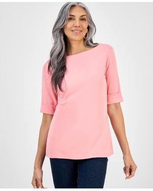 Style & Co. Boat-neck Elbow Sleeve Cotton Top - Pink