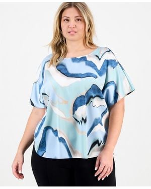 Anne Klein Plus Size Printed Boat Neck Top - Blue