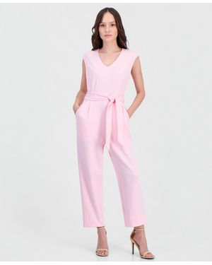 Anne Klein Essentials Petite Belted V-neck Jumpsuit - Pink