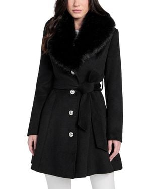 Guess Belted Faux-fur-collar Button-front Coat - Black