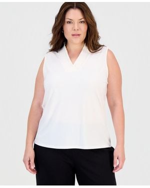 Anne Klein Plus Size Smocked V-neck Sleeveless Top - White