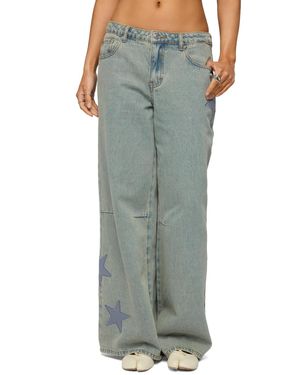 Edikted Trish Satin Effect Stars Low Rise Jeans - Green