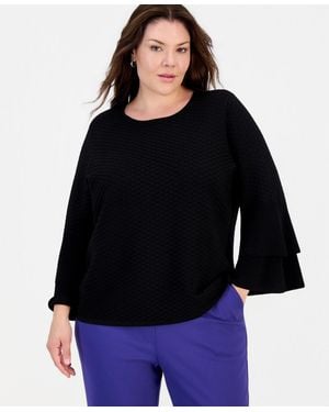 Kasper Plus Size Textured Knit Bell-sleeve Top - Black