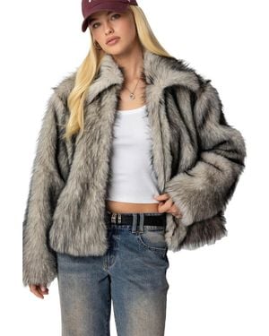 Edikted Mob Wife Faux Fur Jacket - Gray