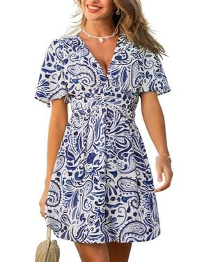 CUPSHE Plunging V-neck Short-sleeve Woven Mini Dress - Blue
