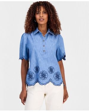 Style & Co. Cotton Chambray Embroidered-trim Shirt - Blue