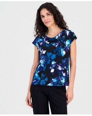 Kasper Printed Cowl-neck Cap-sleeve Blouse - Blue