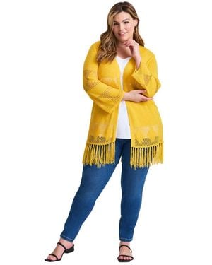 Avenue Plus Size Pointelle Fringe Cardigan - Yellow