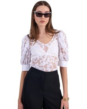 Anne Fontaine Katia Open Lace V-neck Puff Sleeves T-shirt - White