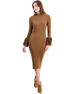 Tahari Savannah Long-sleeve Mock-neck Faux-fur-cuff Midi Sweater Dress - Natural