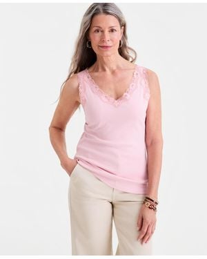 Style & Co. Lace-trim Cotton Tank Top - Pink