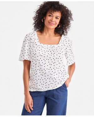 Style & Co. Printed Square-neck Flutter-sleeve Top - White