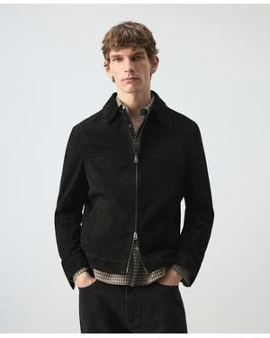 Mango Suede Leather Zipper Jacket - Black