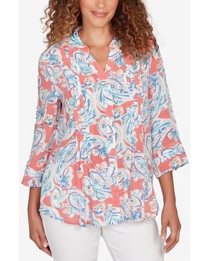 Ruby Rd. Petite Paisley Silky Gauze Button Front Top - Red