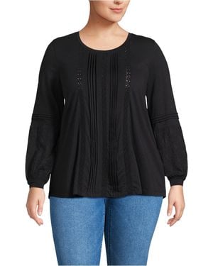 Lands' End Plus Size Lightweight Jersey Lace Mix Long Sleeve Pintuck Top - Black