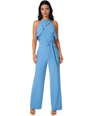 Bebe Scuba Crepe Ruffled Halter Jumpsuit - Blue