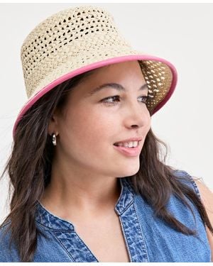 On 34th Faux-leather-trim Straw Bucket Hat - Blue