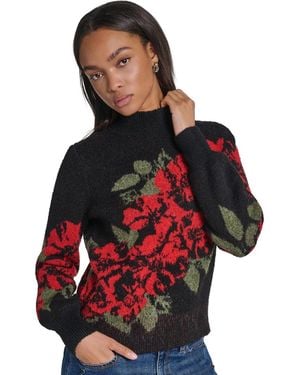 KARL LAGERFELD Petite Rose Floral-print Mock Neck Sweater - Red