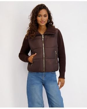 Kensie Mixed Media Short Puffer - Brown
