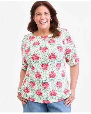 Style & Co. Plus Size Printed Boat-neck Elbow-sleeve Top - White