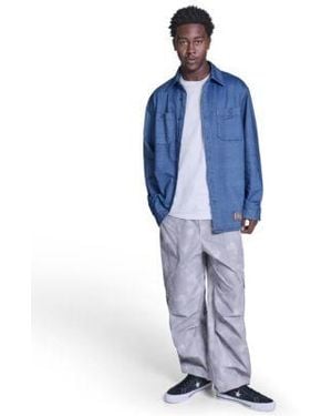 Converse Collared Jersey Denim Shirt Box Logo Tee Paired With The Box Pattern Wide Leg Cargo Pants - Blue