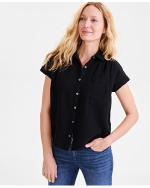 Style & Co. Cotton Gauze Short-sleeve Button Up Shirt - Black
