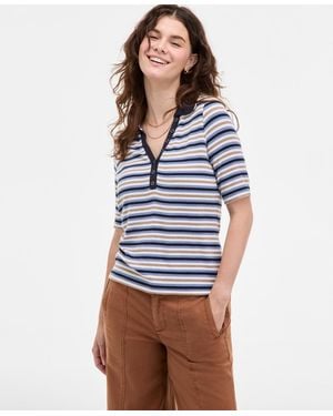 Liverpool Los Angeles Striped Ribbed-knit Collared Henley Top - Blue