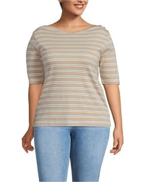 Lands' End Plus Size Supima Cotton Elbow Sleeve Boatneck Button Shoulder Tee - Gray