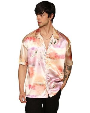 Campus Sutra Cantaloupe & Amethyst Purple Abstract Sheen Oversized Shirt - Pink