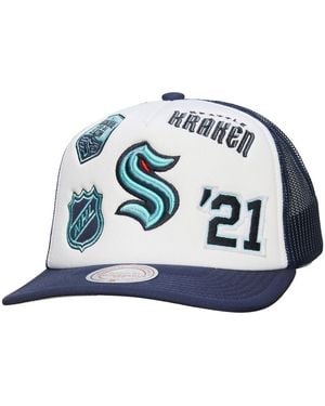 Mitchell & Ness White/deep Sea Blue Seattle Kraken Gridlock Trucker Adjustable Hat