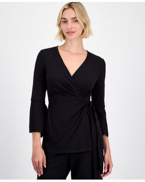 Anne Klein Ribbed Surplice-neck Wrap Top - Black