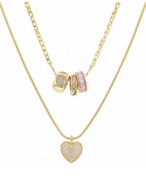 And Now This Cubic Zirconia Gold-tone Plated Color Stone Double Layer Rondelle And Heart Pendant Necklace - Metallic