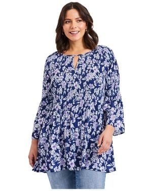 Avenue Plus Size Keyhole Bell Sleeve Tunic - Blue